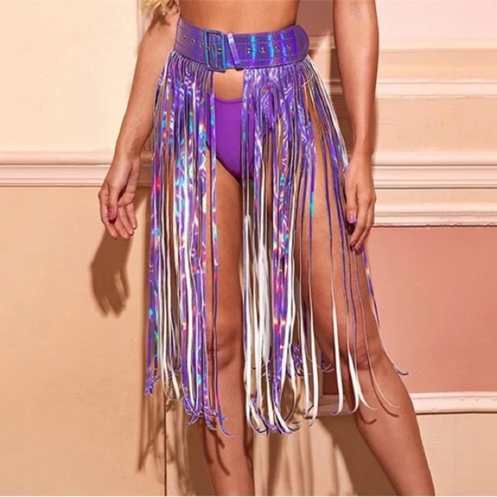 Iridescent Purple Fringe Midi Skirt with High Waist Belt